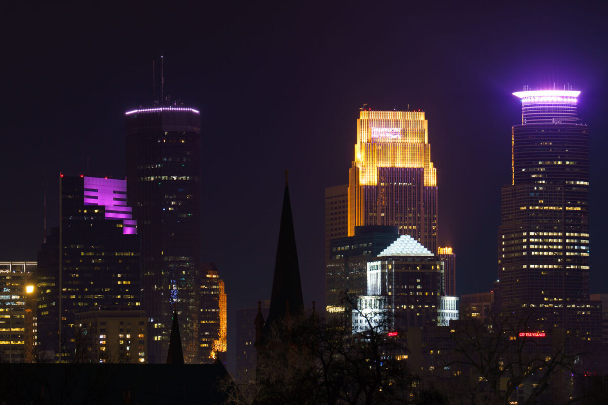 Downtown Minneapolis skyscrapers as seen from the Martin Olav Sabo Bridge in February 2024.