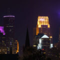 Downtown Minneapolis skyscrapers as seen from the Martin Olav Sabo Bridge in February 2024.