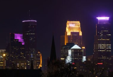 Downtown Minneapolis skyscrapers as seen from the Martin Olav Sabo Bridge in February 2024.