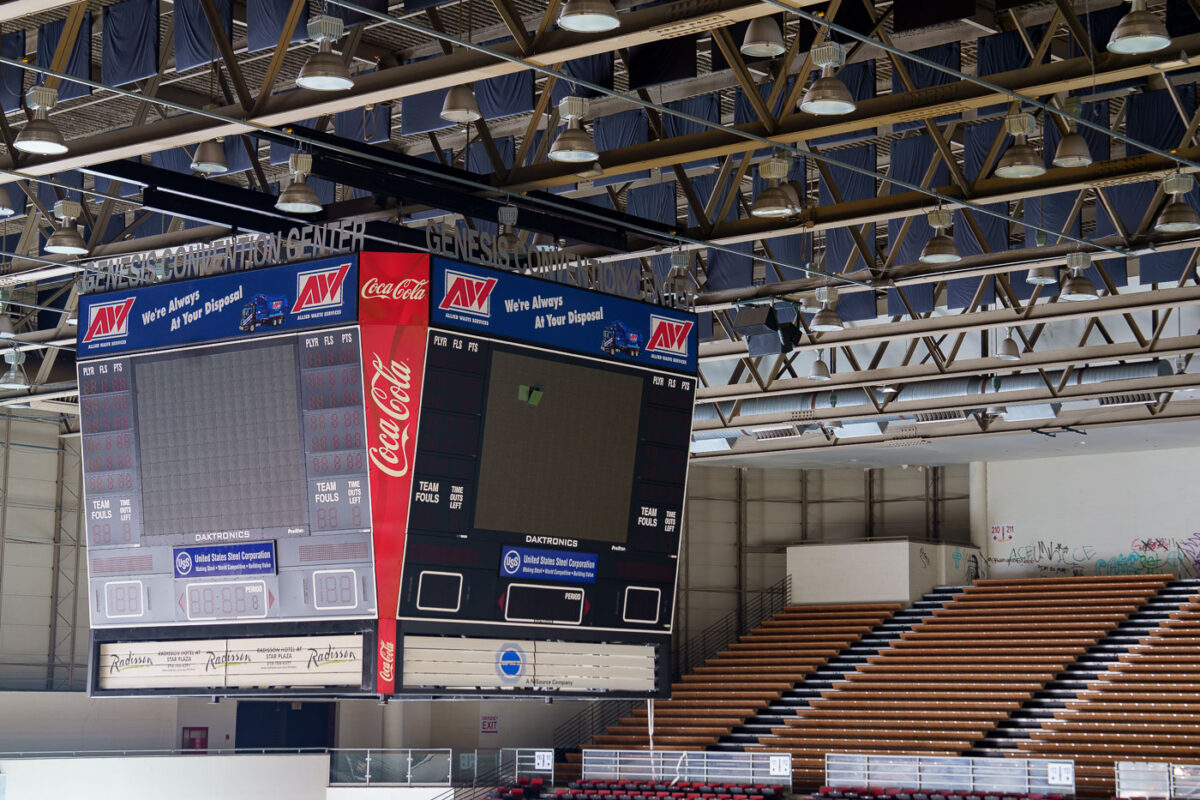 The scoreboard at the Genesis Convention Center in Gary, Indiana.