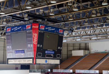 The scoreboard at the Genesis Convention Center in Gary, Indiana.