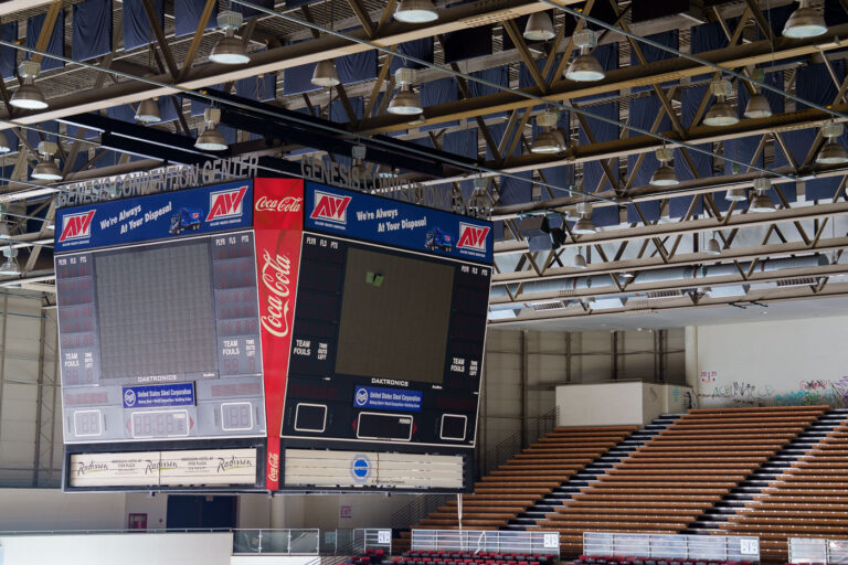 Genesis Convention Center - Gary Indiana 1 The scoreboard at the Genesis Convention Center in Gary, Indiana.