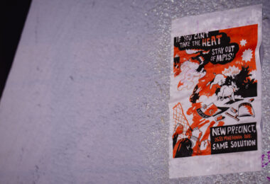 Flyers on the Martin Olav Sabo Bridge in South Minneapolis. Located a quarter mile quarter mile from the replacement 3rd precinct/"community safety center". After signing the purchase agreement last week, the city says the new building could be open in Q1 of 2025 - 5 years after it was burned. (Minneapolis, February 2024)