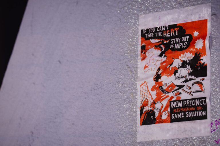 Flyers on Martin Olav Sabo Bridge 3 Flyers on the Martin Olav Sabo Bridge in South Minneapolis. Located a quarter mile quarter mile from the replacement 3rd precinct/"community safety center". After signing the purchase agreement last week, the city says the new building could be open in Q1 of 2025 - 5 years after it was burned. (Minneapolis, February 2024)