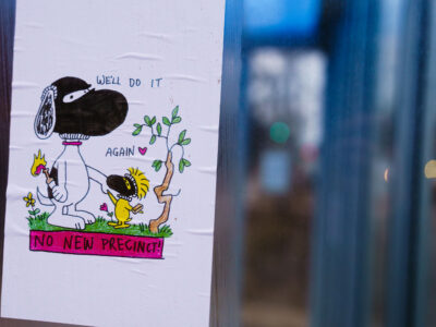 Snoopy Protest Flyer: No New Precinct, Midtown Greenway