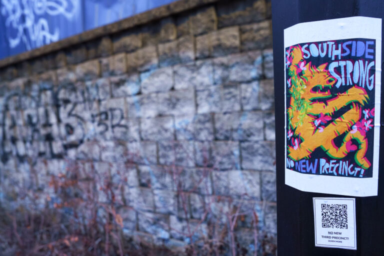 Southside Strong No New Precinct 3 A flyer reading "Southside Strong No New Precinct!" found on the Midtown Greenway in February 2024.