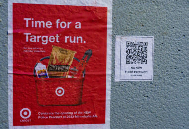Flyers seen around the third precinct in South Minneapolis protesting the building of a replacement Minneapolis Police Third Precinct. "Time for a target run" "Celebrate the opening of the NEW Police Precinct at 2633 Minnehaha Ave."