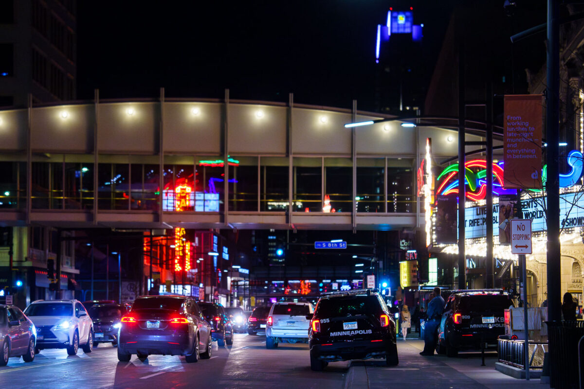 Minneapolis Police officers and their squads on Hennepin Avenue in Downtown Minneapolis on March 1, 2024.