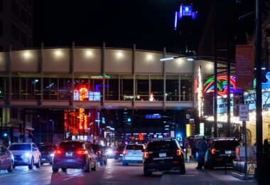 Minneapolis Police officers and their squads on Hennepin Avenue in Downtown Minneapolis on March 1, 2024.