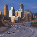 Downtown Minneapolis as seen from I-35W in South Minneapolis. March 2024.