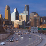 Downtown Minneapolis as seen from I-35W in South Minneapolis. March 2024.