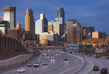 Downtown Minneapolis as seen from I-35W in South Minneapolis. March 2024.