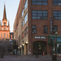 Our Lady of Lourdes Catholic Church as seen from Main Street in Minneapolis. March 2024.