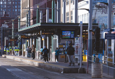 TRIP Outreach and riders at the Warehouse District/Hennepin Ave Station in downtown Minneapolis. March 2024.