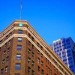 An American Flag on top of the Embassy Suites hotel in downtown Minneapolis.