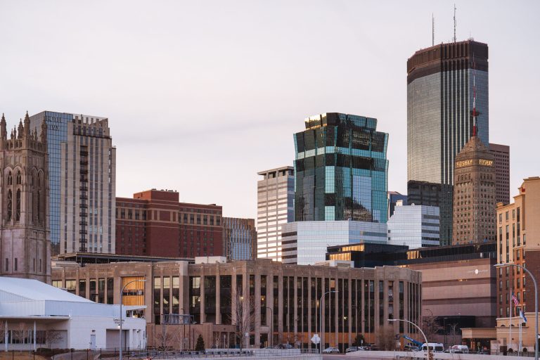 Foshay Tower and Downtown Minneapolis Skyline 3 Minneapolis downtown skyline with Century Plaza building undergoing renovation for new police 1st precinct station.