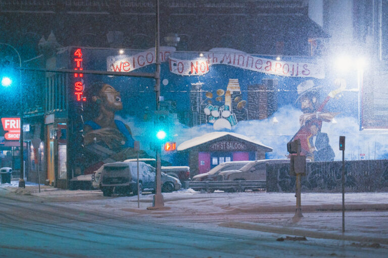 Heavy snowfall in North Minneapolis 1 Heavy snowfall outside the 4th Street Saloon in North Minneapolis.