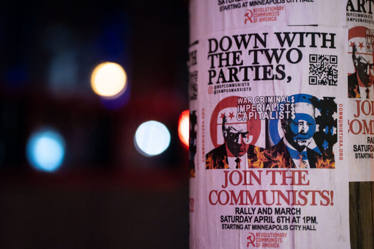 Join the Communists! 2 A flyer by "Revolutionary Communists of America" advertising a rally and march to take place Saturday April 6th, 2024 in downtown Minneapolis.
