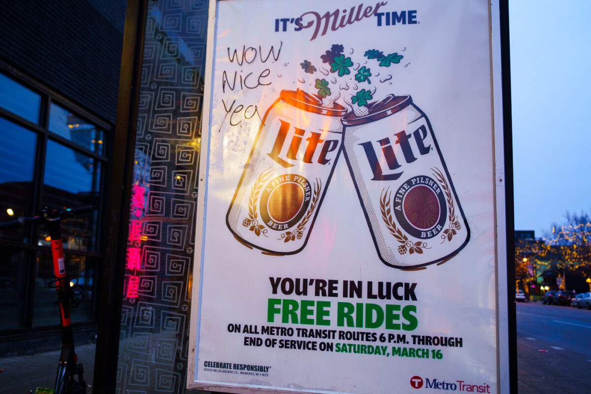 A sign advertising free rides from Metro Transit on St. Patricks Day in Minneapolis.
