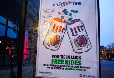 A sign advertising free rides from Metro Transit on St. Patricks Day in Minneapolis.