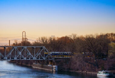 The Northstar Line makes it's way over the Mississippi River near downtown Minneapolis. March 2024.