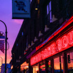 Sunset at Bryant Lake Bowl on Lake Street in South Minneapolis. March 2024