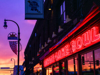 Bryant Lake Bowl Neon Sign at Sunset, Lake Street Minneapolis