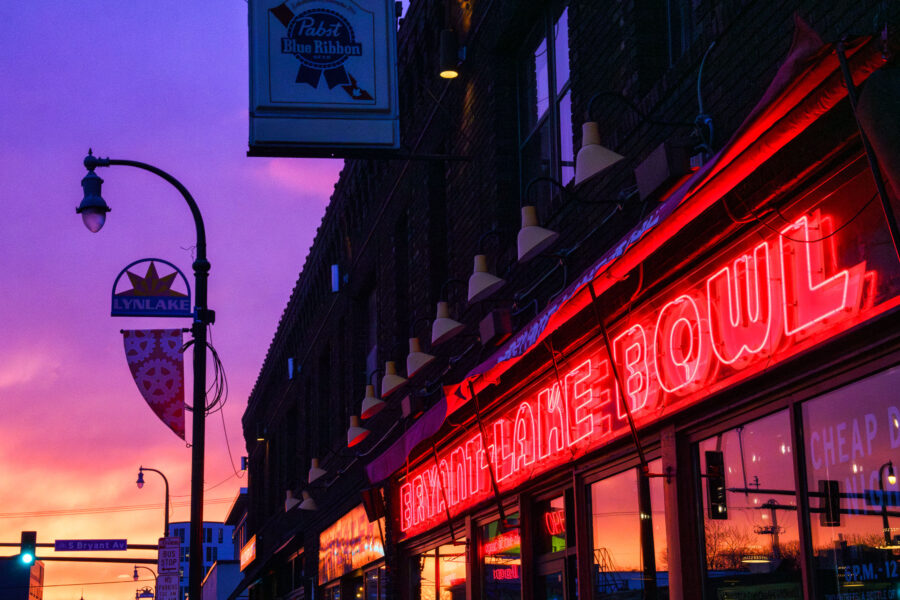 Bryant Lake Bowl Neon Sign at Sunset, Lake Street Minneapolis