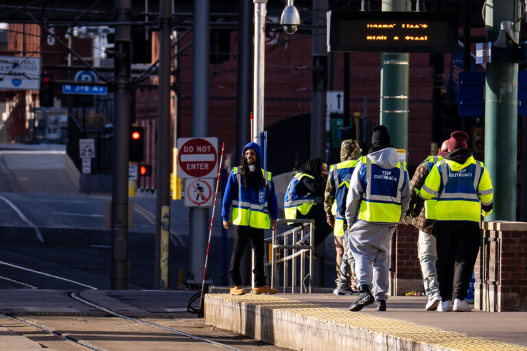 TSIP Outreach in downtown Minneapolis 1 Transit Service Intervention Project outreach workers at a train station in Downtown Minneapolis.