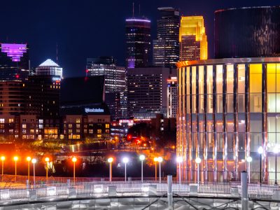 Bruininks Hall, Minneapolis Skyline at Night
