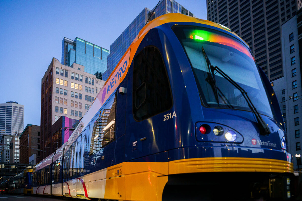 Close up of light rail train arriving