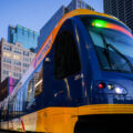 Close up of light rail train arriving