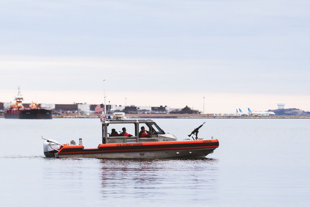 US Coast Guard boat with mounted weapon 2 days before the 2024 Boston Marathon.