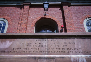 Harvard Hall at Harvard University. 

"Here stood the second collegiate building"