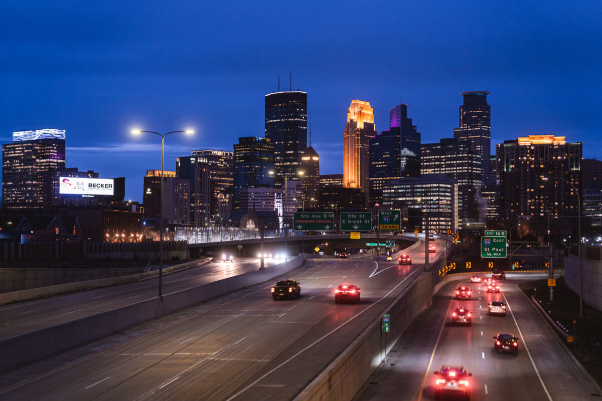 Minneapolis skyline as seen from 35W in April 2024.