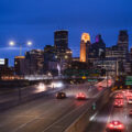 Minneapolis skyline as seen from 35W in April 2024.