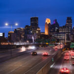 Minneapolis skyline as seen from 35W in April 2024.