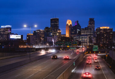 Minneapolis skyline as seen from 35W in April 2024.