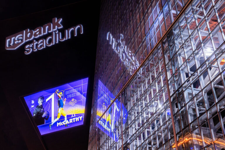 US Bank Stadium, J.J. McCarthy NFL Draft 4 US Bank Stadium in downtown Minneapolis after the Minnesota Vikings draft Michigan Quarterback J.J. McCarthy at the 10th overall pick.