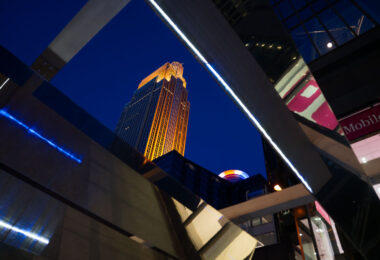 Wells Fargo Tower as seen through an art installation on Nicollet Mall in Downtown Minneapolis.