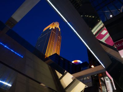Wells Fargo Tower through Nicollet Mall Art Installation at Night