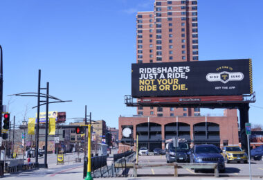 A new billboard on Hennepin Ave in downtown Minneapolis from “Ride Sure”. Per it’s website, the campaign by the owner of Blue & White Taxi wants to debunk what it says are myths that rideshare is a better alternative to taxis.