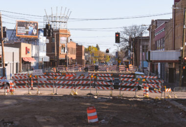 Hennepin Avenue ripped up in Uptown Minneapolis. The road is being re-done with added bike and transit lanes.