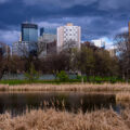 Storm clouds roll over Minneapolis as seen from Loring Pond near Downtown.