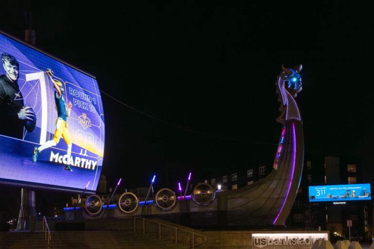 US Bank Stadium, J.J. McCarthy NFL Draft 2 US Bank Stadium in downtown Minneapolis after the Minnesota Vikings draft Michigan Quarterback J.J. McCarthy at the 10th overall pick.