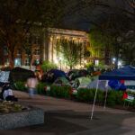 The anti-war protest encampment at the University of Minnesota in Minneapolis on May 1st, 2024. At the same time, some protesters were continuing to talk with school officials regarding their demands. Shortly after 10pm the school sent out a message that an initial agreement had been reached. Tents were removed on May 2nd.This is the second encampment at the university following the police clearing and arresting 9 protesters last week. Among the protesters demands are that the school “divest from all companies complicit in war crimes and human rights violations.