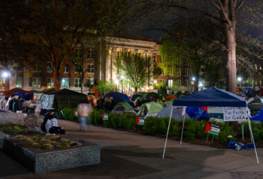 The anti-war protest encampment at the University of Minnesota in Minneapolis on May 1st, 2024. At the same time, some protesters were continuing to talk with school officials regarding their demands. Shortly after 10pm the school sent out a message that an initial agreement had been reached. Tents were removed on May 2nd.

This is the second encampment at the university following the police clearing and arresting 9 protesters last week. Among the protesters demands are that the school “divest from all companies complicit in war crimes and human rights violations.