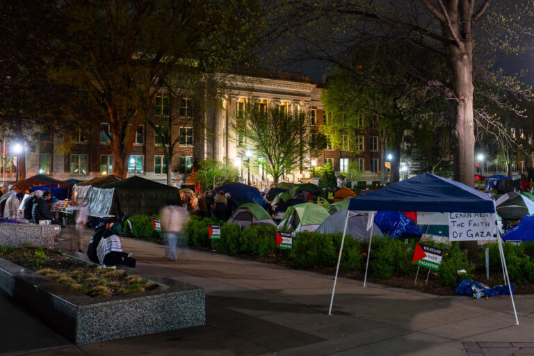Anti-war protest at University of Minnesota 1 The anti-war protest encampment at the University of Minnesota in Minneapolis on May 1st, 2024. At the same time, some protesters were continuing to talk with school officials regarding their demands. Shortly after 10pm the school sent out a message that an initial agreement had been reached. Tents were removed on May 2nd.
This is the second encampment at the university following the police clearing and arresting 9 protesters last week. Among the protesters demands are that the school “divest from all companies complicit in war crimes and human rights violations.