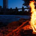 A bonfire on the Mississippi River in Minneapolis.