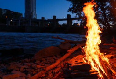 A bonfire on the Mississippi River in Minneapolis.